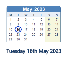 16 May 2023 calendar