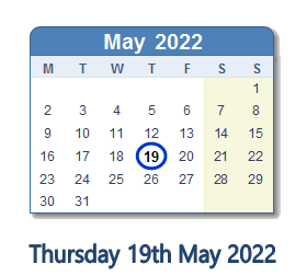 19 May 2022 calendar
