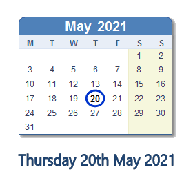 20 May 2021 calendar