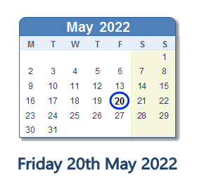20 May 2022 calendar