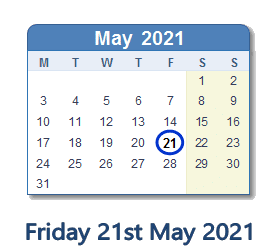 21 May 2021 calendar