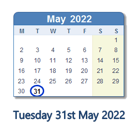 31 May 2022 calendar