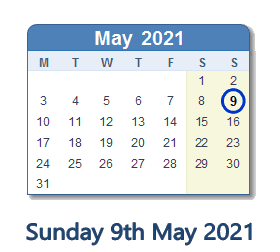 9 May 2021 calendar