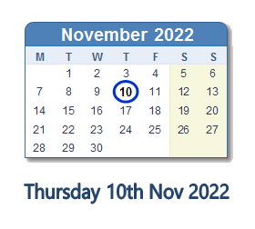 10 November 2022 calendar