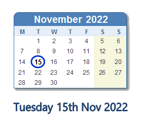 15 November 2022 calendar