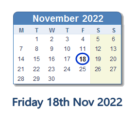 18 November 2022 calendar