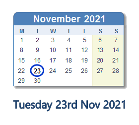 23 November 2021 calendar