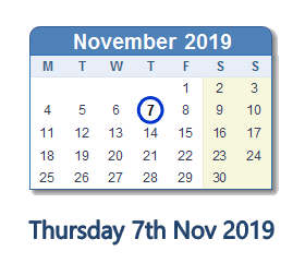 7 November 2019 calendar