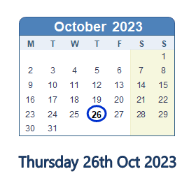 26 October 2023 calendar