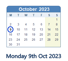 9 October 2023 calendar
