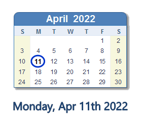 April 11, 2022 calendar
