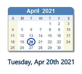 April 20, 2021 calendar