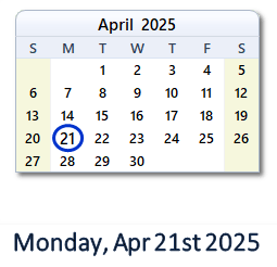 21 April 2025 calendar