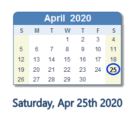 April 25, 2020 calendar