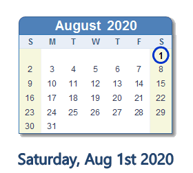 August 1, 2020 calendar