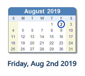 August 2, 2019 calendar