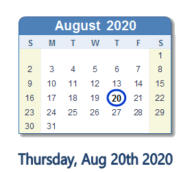 August 20, 2020 calendar