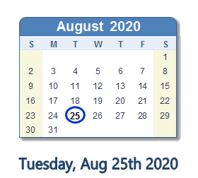 August 25, 2020 calendar