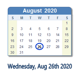 August 26, 2020 calendar