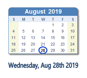August 28, 2019 calendar