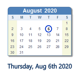August 6, 2020 calendar