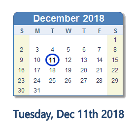 December 11, 2018 calendar
