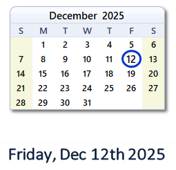 12 December 2025 calendar