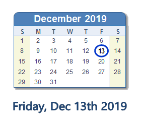 December 13, 2019 calendar