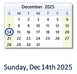 14 December 2025 calendar