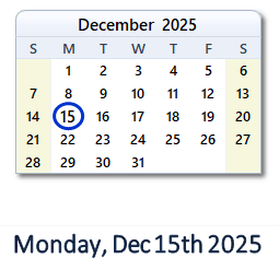 15 December 2025 calendar