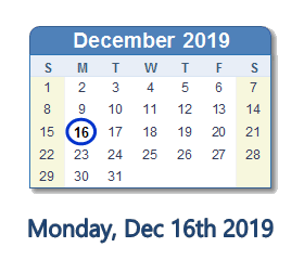December 16, 2019 calendar