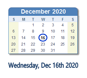 December 16, 2020 calendar