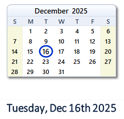 16 December 2025 calendar