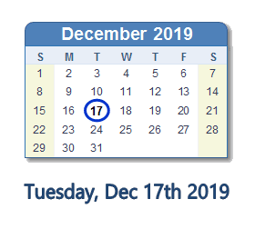 December 17, 2019 calendar