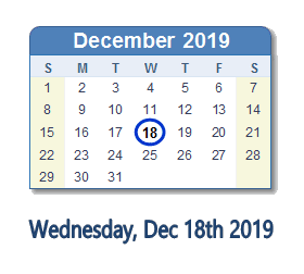 December 18, 2019 calendar