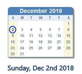 December 2, 2018 calendar