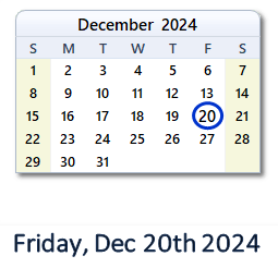 December 20, 2024 calendar