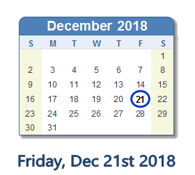 December 21, 2018 calendar