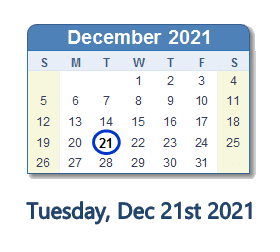 December 21, 2021 calendar