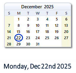 22 December 2025 calendar