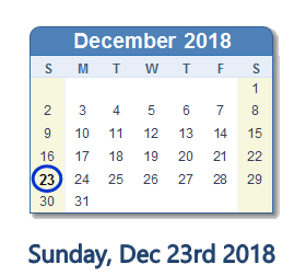 December 23, 2018 calendar