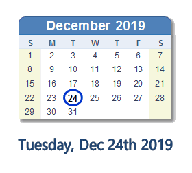 December 24, 2019 calendar