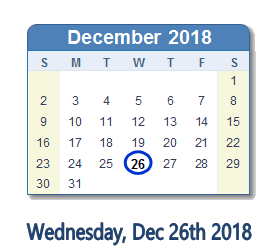 December 26, 2018 calendar