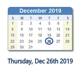 December 26, 2019 calendar