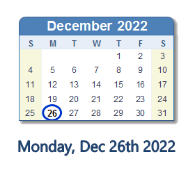 December 26, 2022 calendar