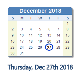 December 27, 2018 calendar