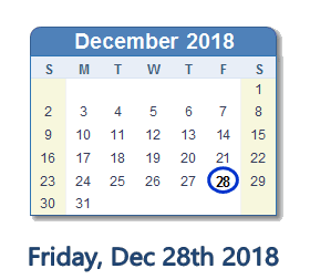 December 28, 2018 calendar