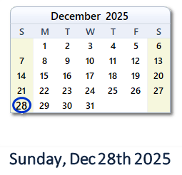 28 December 2025 calendar
