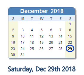 December 29, 2018 calendar