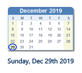 December 29, 2019 calendar